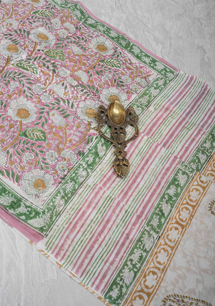 Pink Chanderi Cotton Silk Saree with Sanganeri Floral Hand Block Print