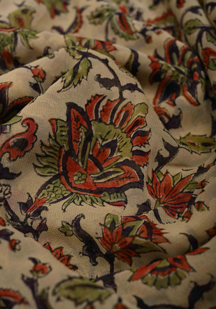 Beige Georgette Saree with Sanganeri Hand Block Print