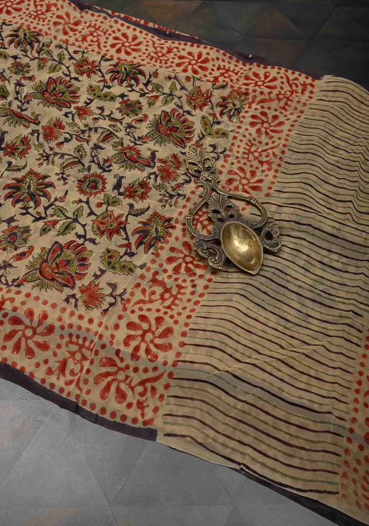 Beige Georgette Saree with Sanganeri Hand Block Print