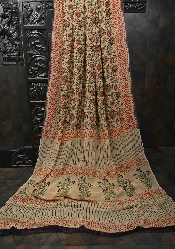 Beige Georgette Saree with Sanganeri Hand Block Print