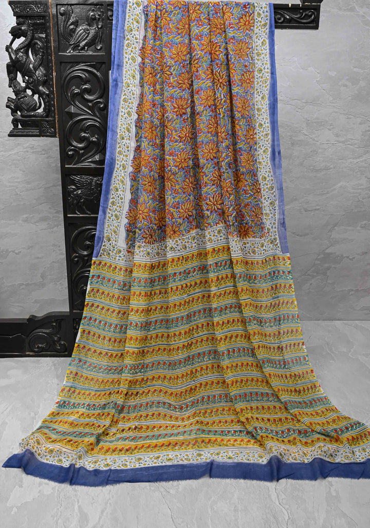 Blue Georgette Saree with Sanganeri Hand Block Print