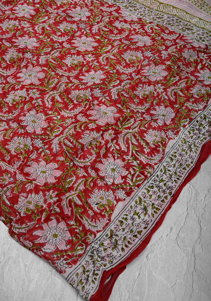Red Georgette Saree with Sanganeri Hand Block Print