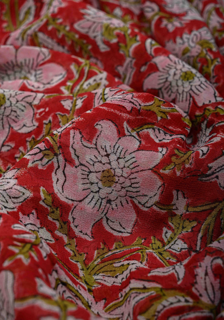 Red Georgette Saree with Sanganeri Hand Block Print