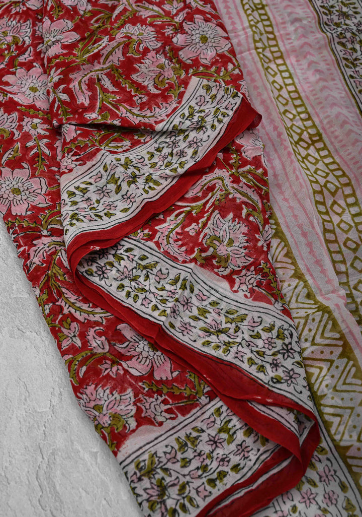 Red Georgette Saree with Sanganeri Hand Block Print