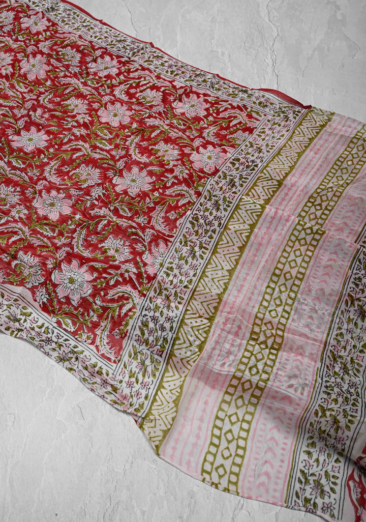 Red Georgette Saree with Sanganeri Hand Block Print