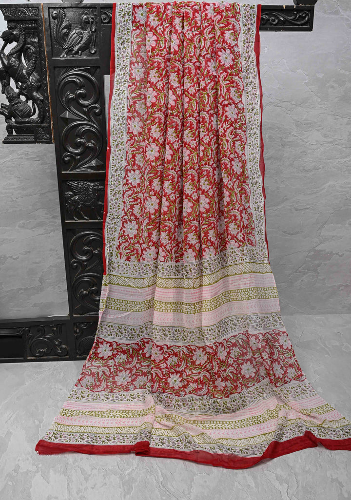 Red Georgette Saree with Sanganeri Hand Block Print