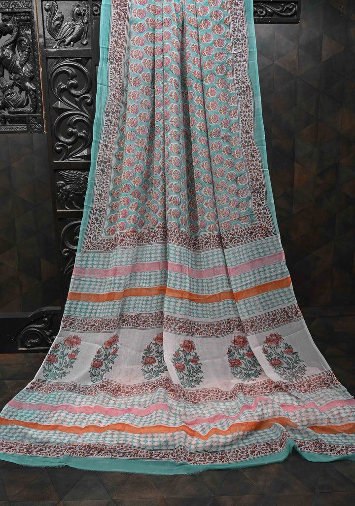 Light Teal Georgette Saree with Sanganeri Hand Block Print