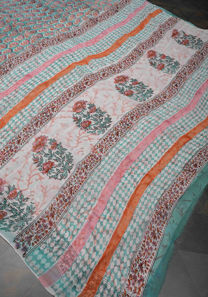 Light Teal Georgette Saree with Sanganeri Hand Block Print