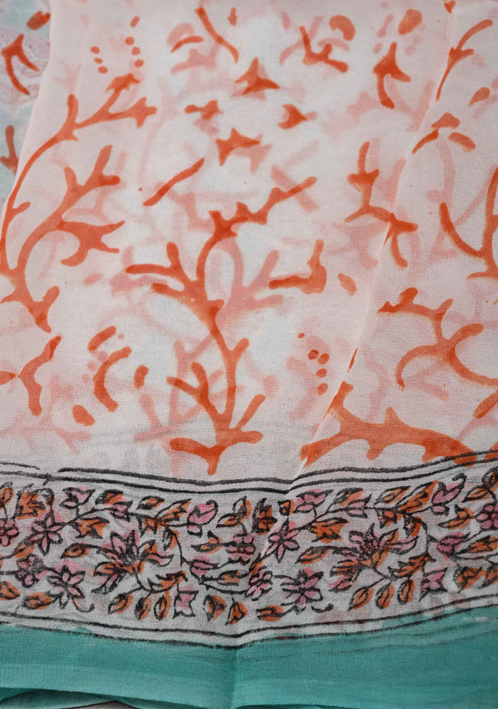 Light Teal Georgette Saree with Sanganeri Hand Block Print