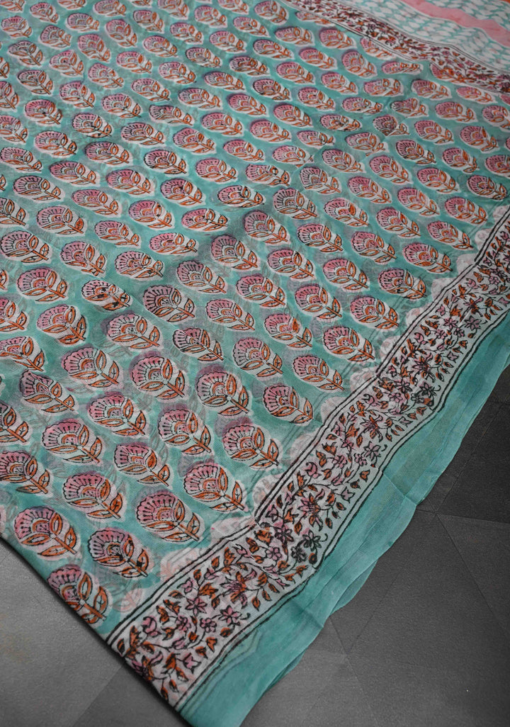 Light Teal Georgette Saree with Sanganeri Hand Block Print