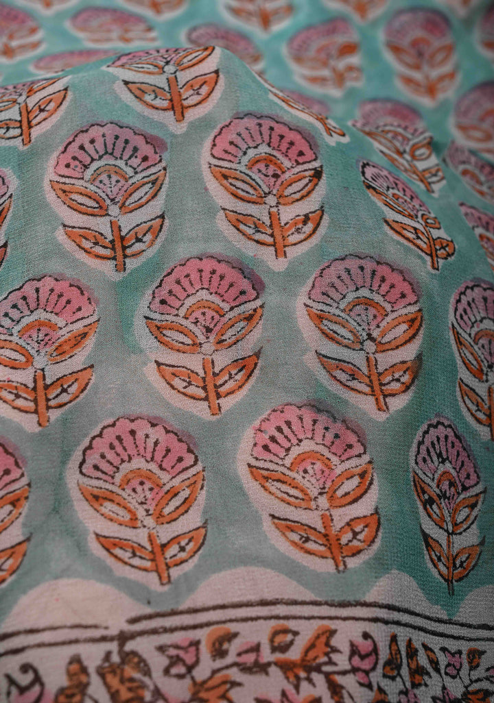 Light Teal Georgette Saree with Sanganeri Hand Block Print