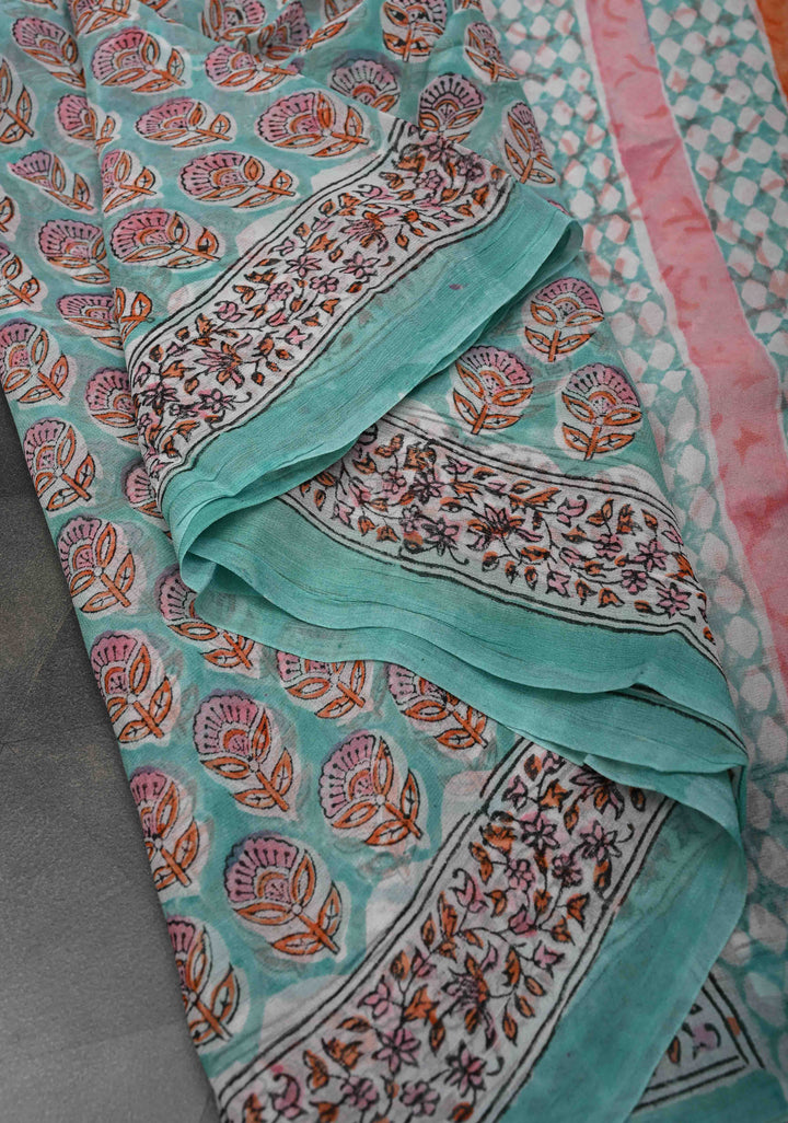 Light Teal Georgette Saree with Sanganeri Hand Block Print