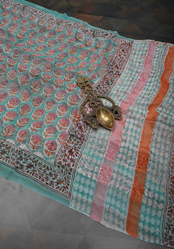 Light Teal Georgette Saree with Sanganeri Hand Block Print