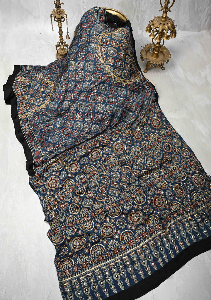 Indigo Modal Silk Saree with Ajrakh Hand Block Print and Sequins Cutdana Handwork