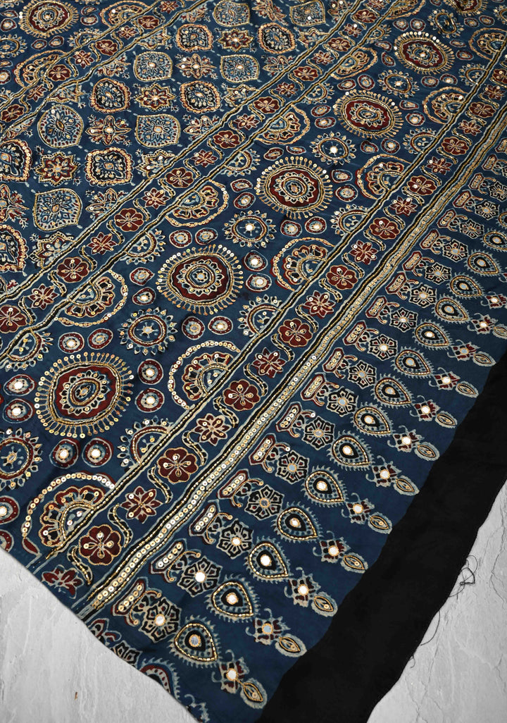 Indigo Modal Silk Saree with Ajrakh Hand Block Print and Sequins Cutdana Handwork