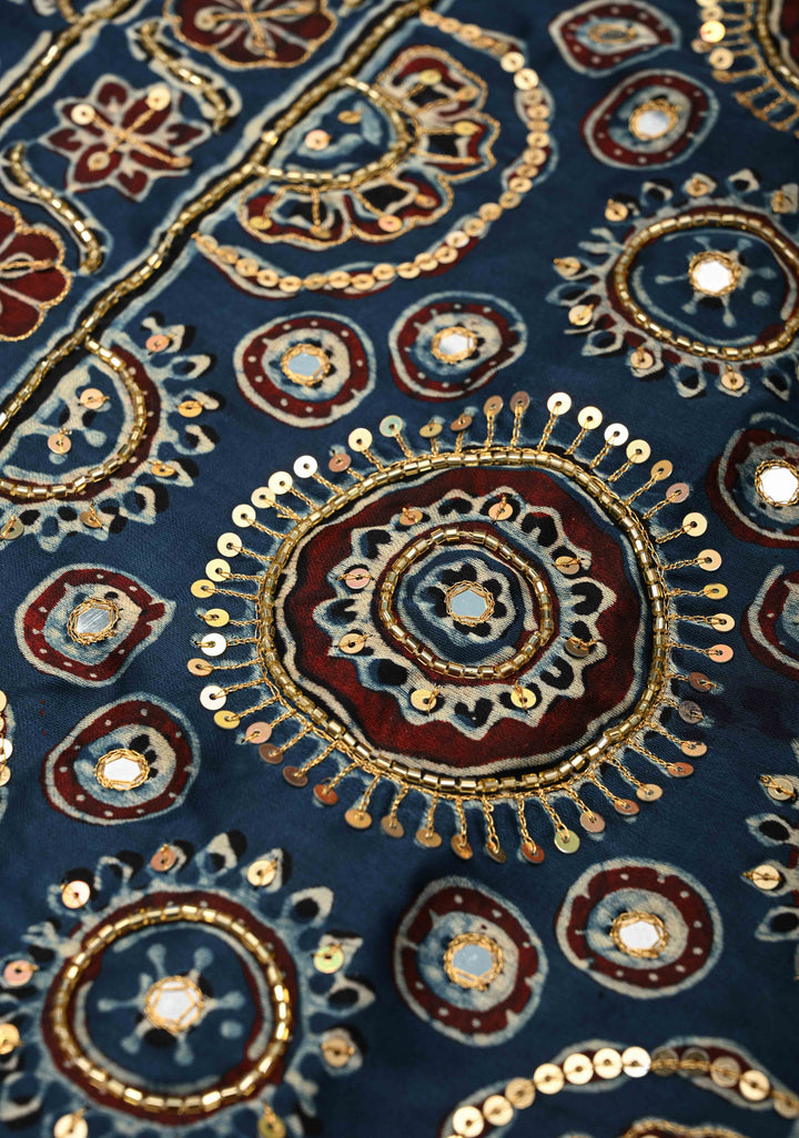 Indigo Modal Silk Saree with Ajrakh Hand Block Print and Sequins Cutdana Handwork
