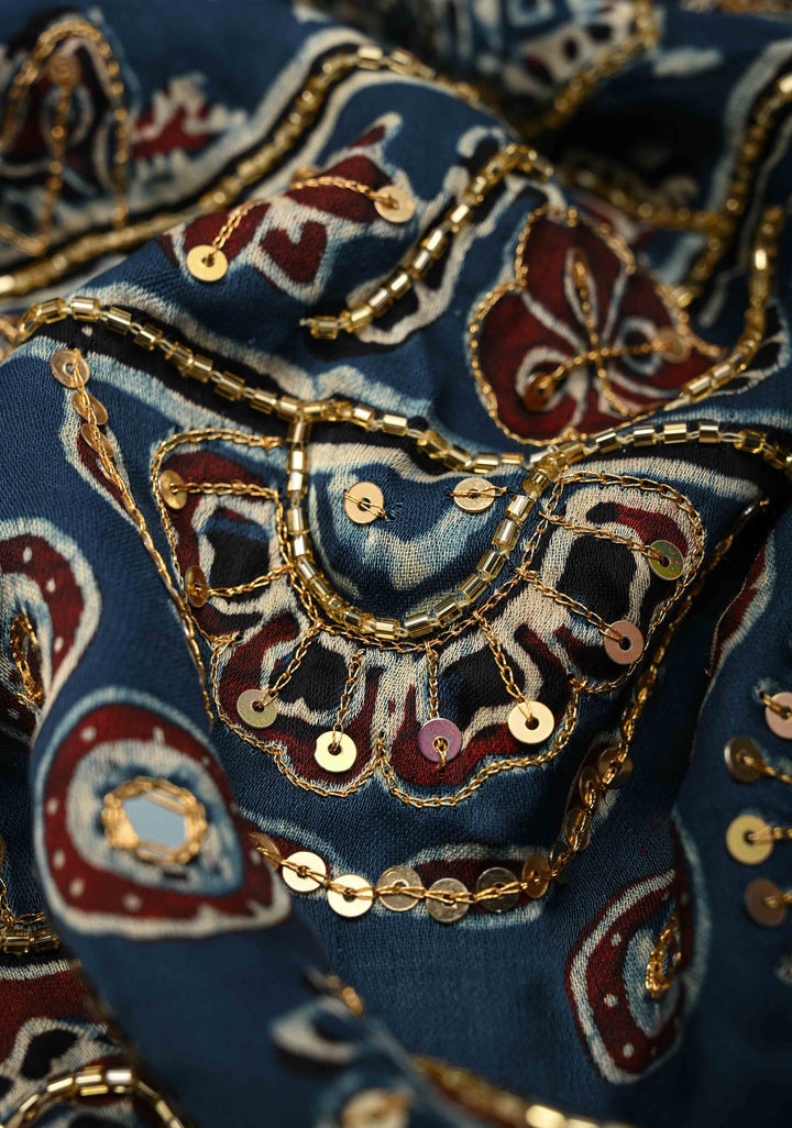 Indigo Modal Silk Saree with Ajrakh Hand Block Print and Sequins Cutdana Handwork