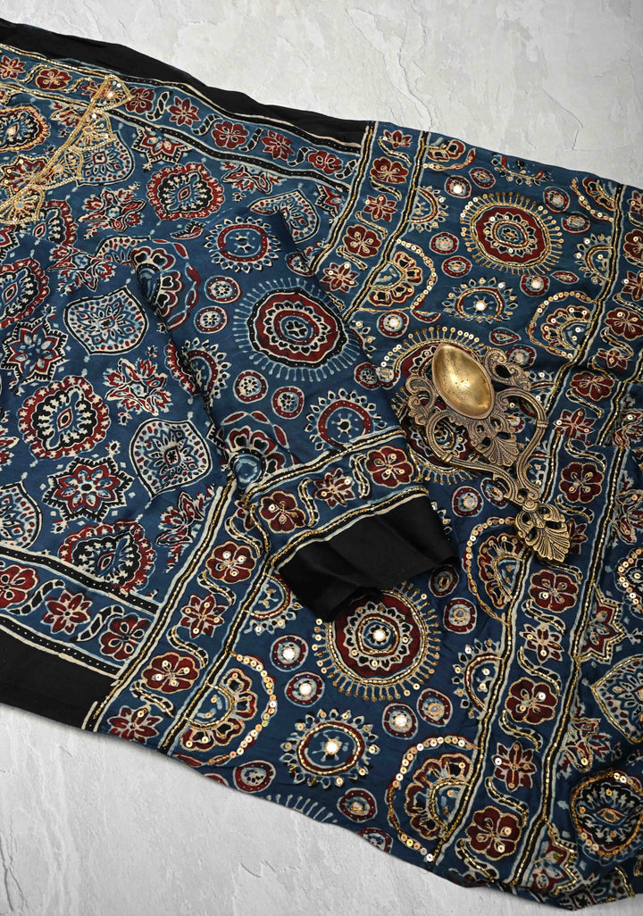 Indigo Modal Silk Saree with Ajrakh Hand Block Print and Sequins Cutdana Handwork