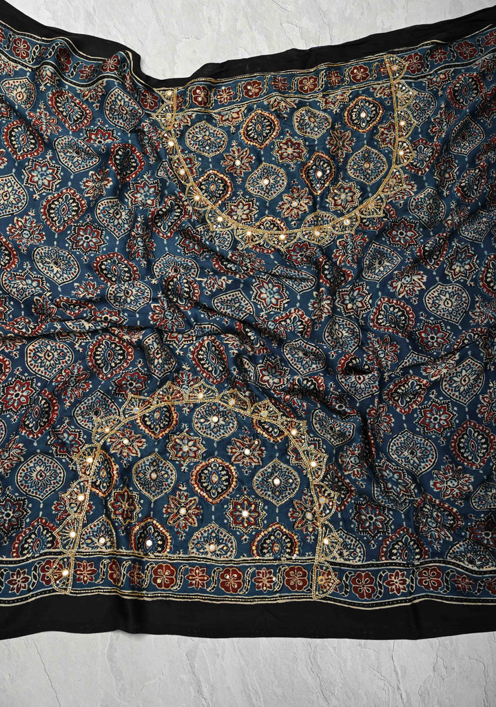 Indigo Modal Silk Saree with Ajrakh Hand Block Print and Sequins Cutdana Handwork