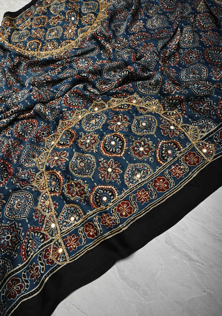 Indigo Modal Silk Saree with Ajrakh Hand Block Print and Sequins Cutdana Handwork