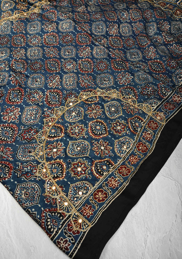 Indigo Modal Silk Saree with Ajrakh Hand Block Print and Sequins Cutdana Handwork