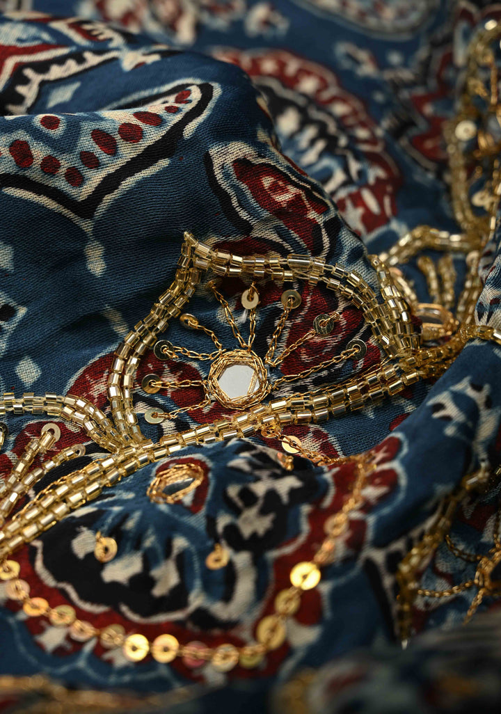 Indigo Modal Silk Saree with Ajrakh Hand Block Print and Sequins Cutdana Handwork