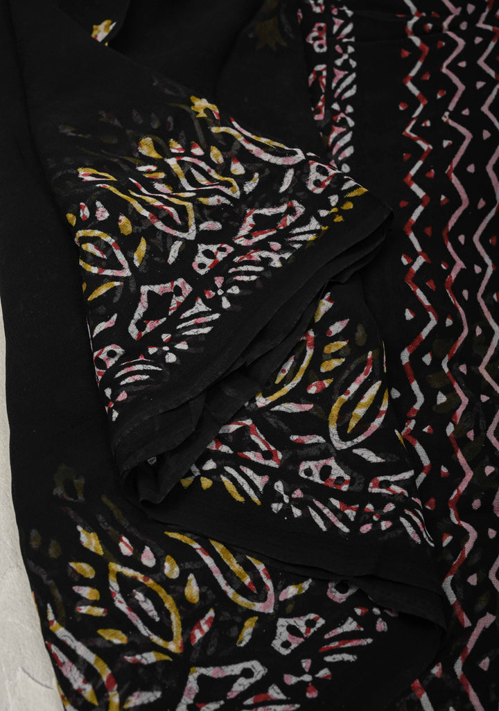 Black Georgette Saree with Hand Block Print with Handcrafted silk thread tassels