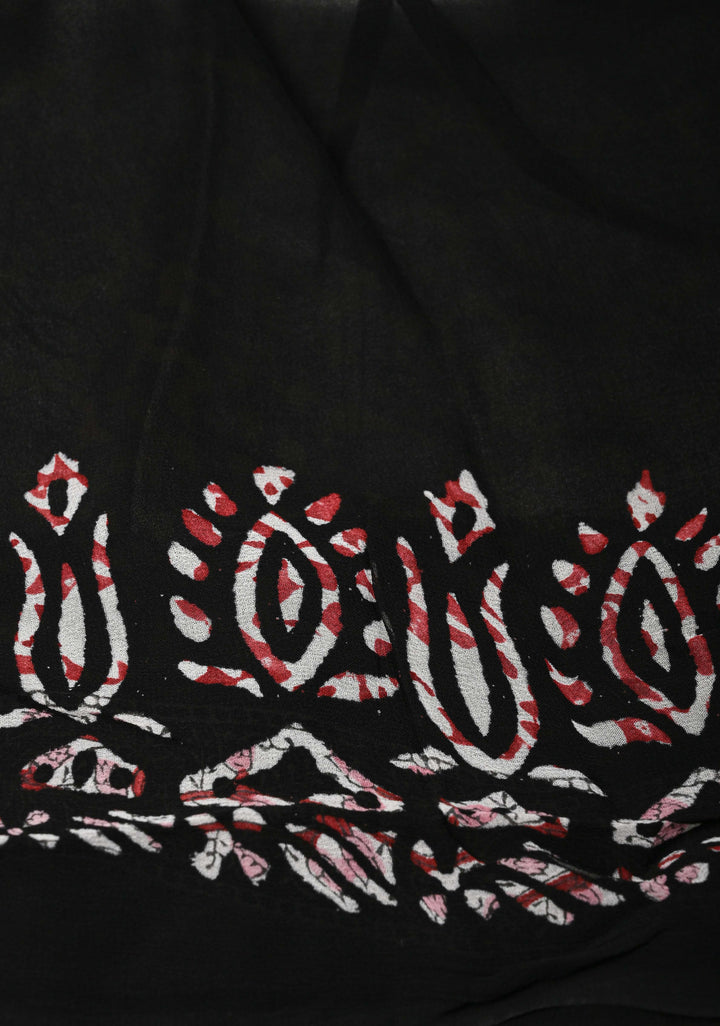 Black Georgette Saree with Hand Block Print with Handcrafted silk thread tassels