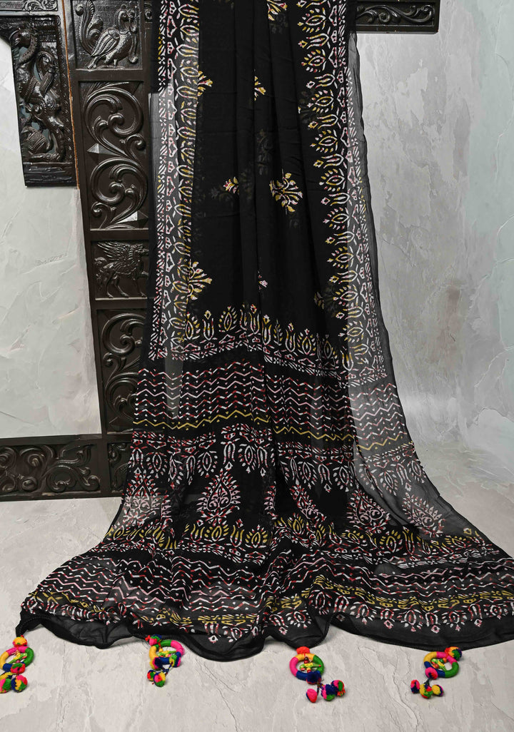 Black Georgette Saree with Hand Block Print with Handcrafted silk thread tassels