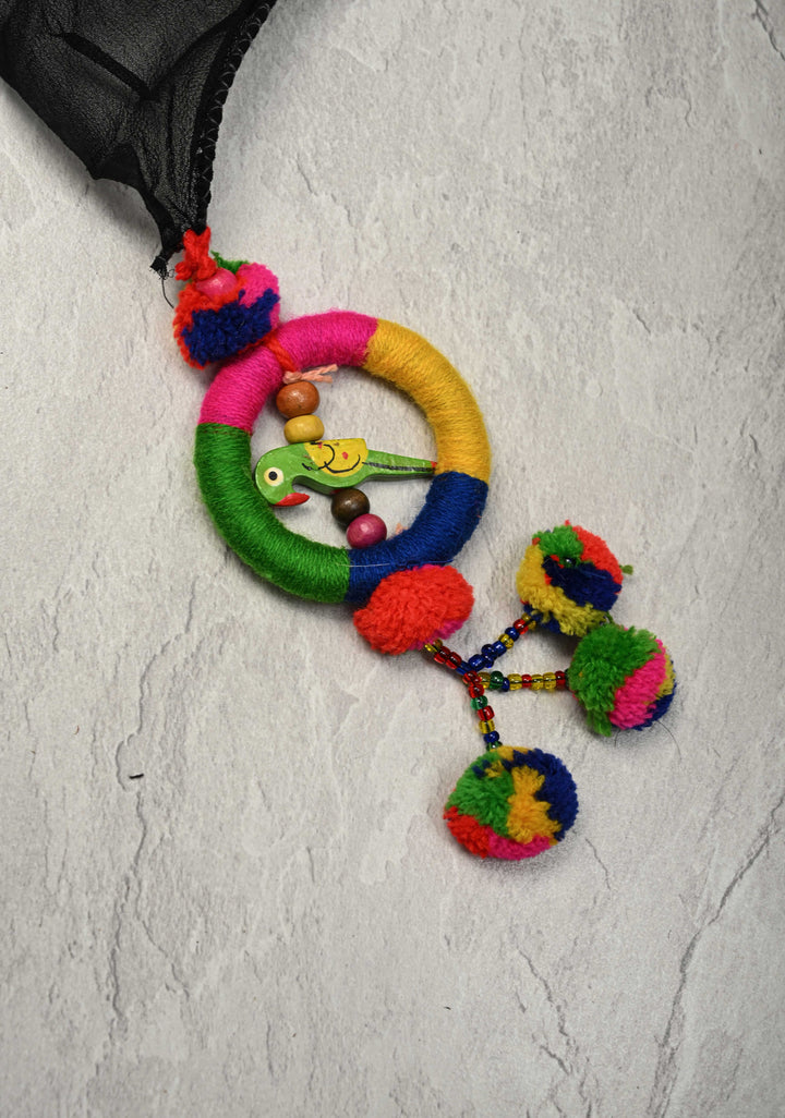 Black Georgette Saree with Hand Block Print with Handcrafted silk thread tassels