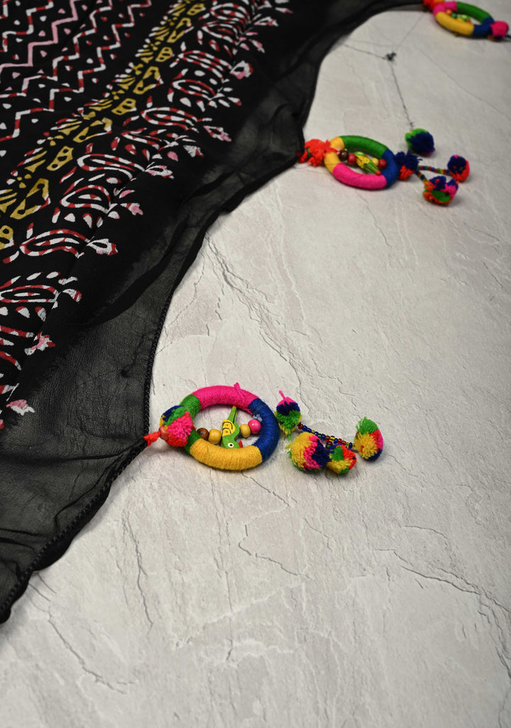Black Georgette Saree with Hand Block Print with Handcrafted silk thread tassels