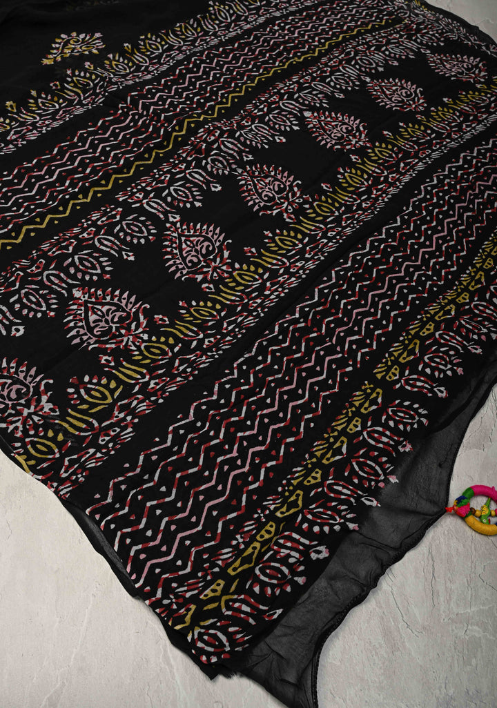 Black Georgette Saree with Hand Block Print with Handcrafted silk thread tassels
