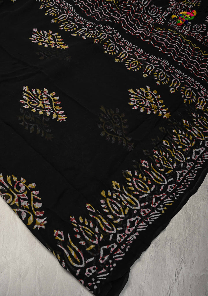 Black Georgette Saree with Hand Block Print with Handcrafted silk thread tassels