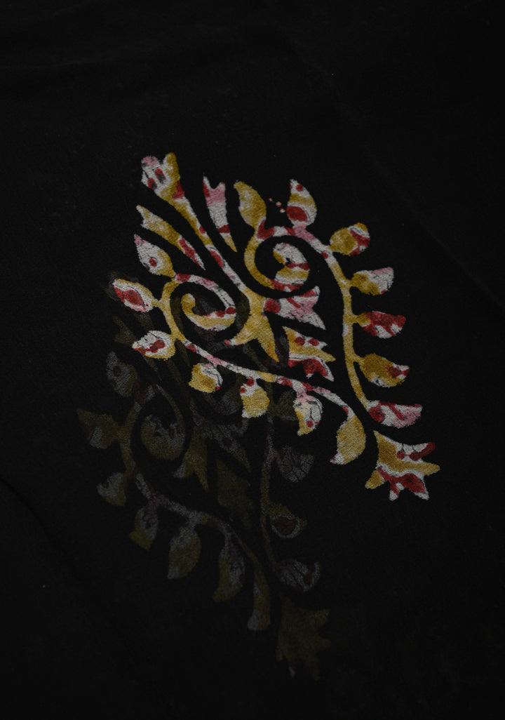 Black Georgette Saree with Hand Block Print with Handcrafted silk thread tassels