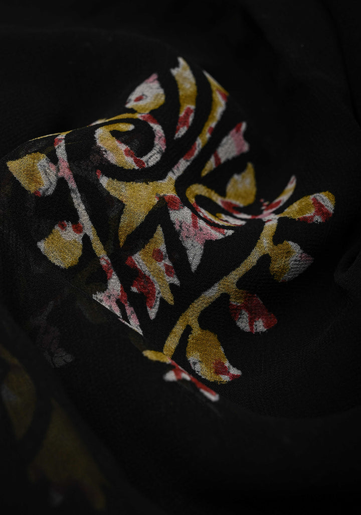 Black Georgette Saree with Hand Block Print with Handcrafted silk thread tassels