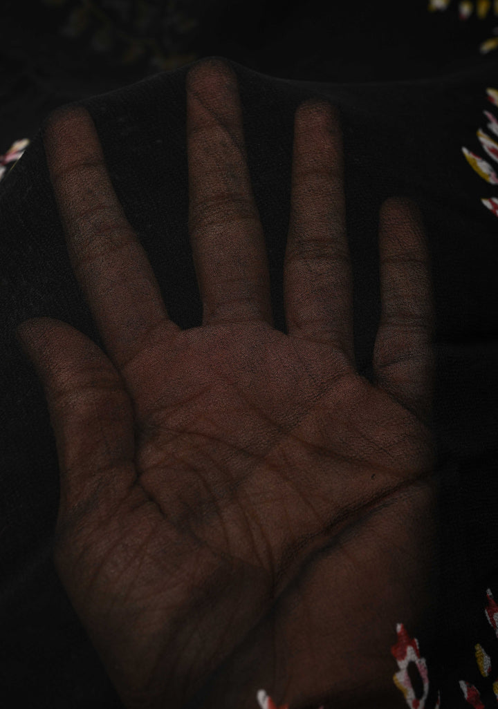 Black Georgette Saree with Hand Block Print with Handcrafted silk thread tassels