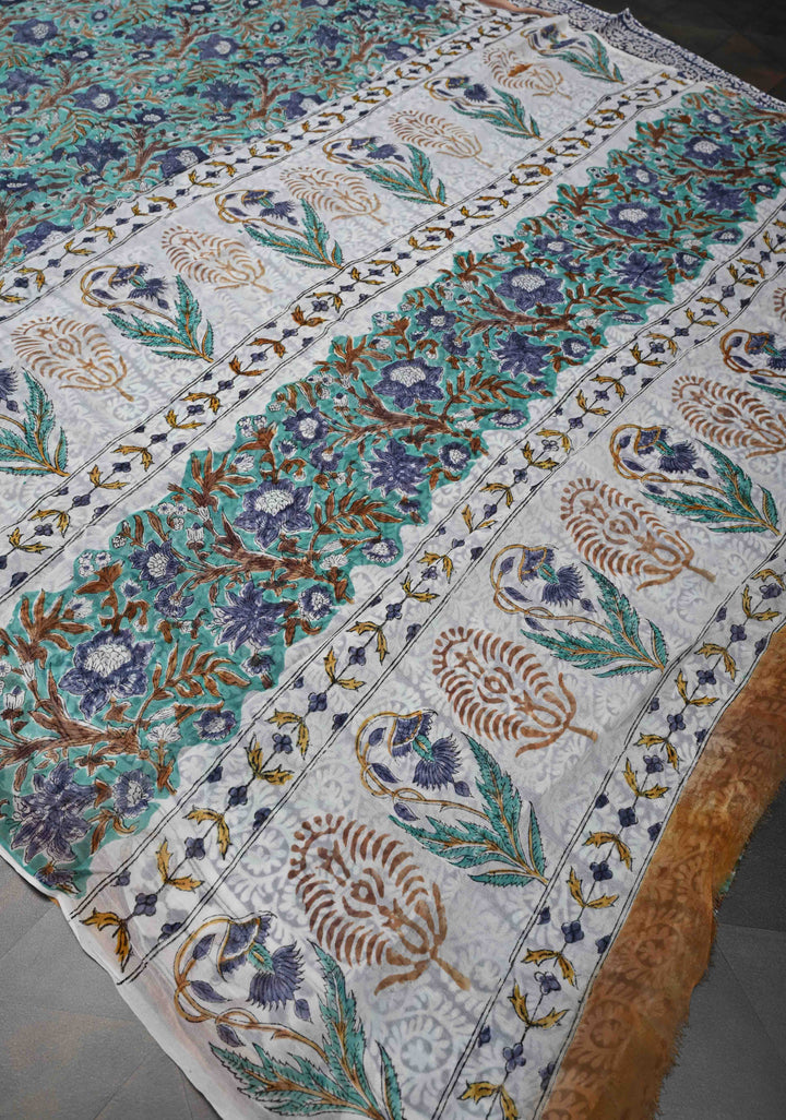 Teal Blue Georgette Saree with Sanganeri Hand Block Print