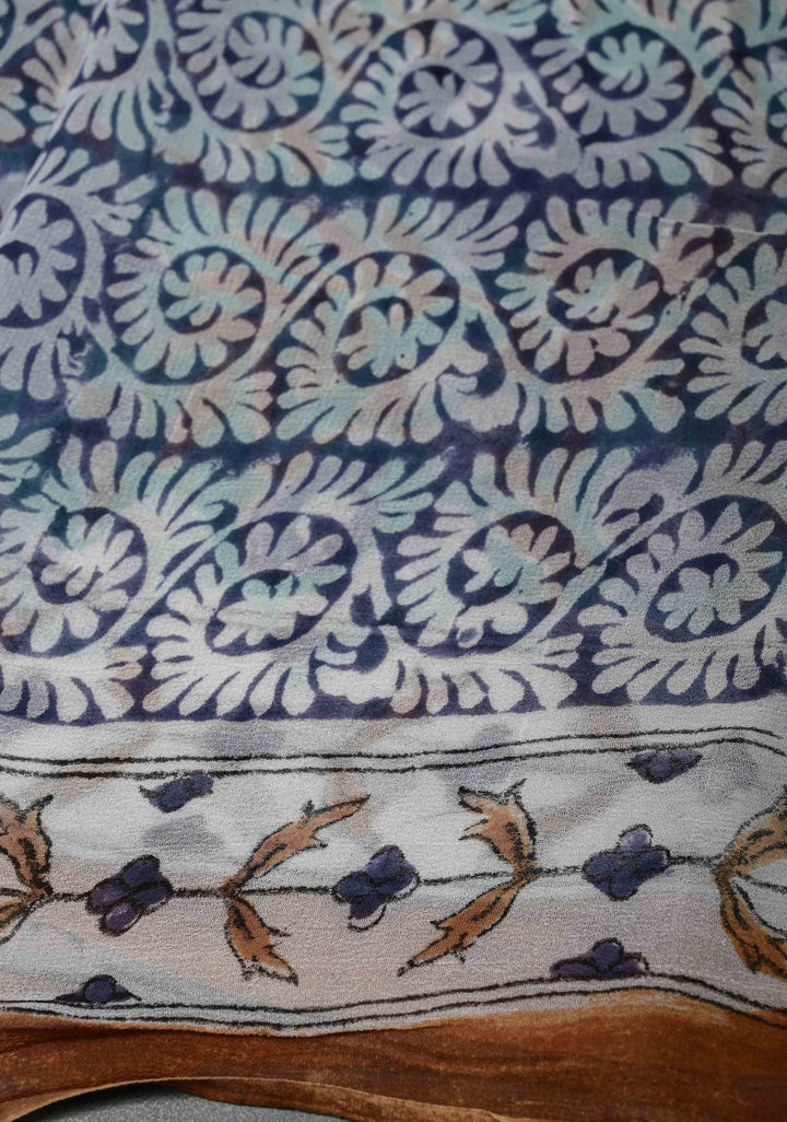 Teal Blue Georgette Saree with Sanganeri Hand Block Print