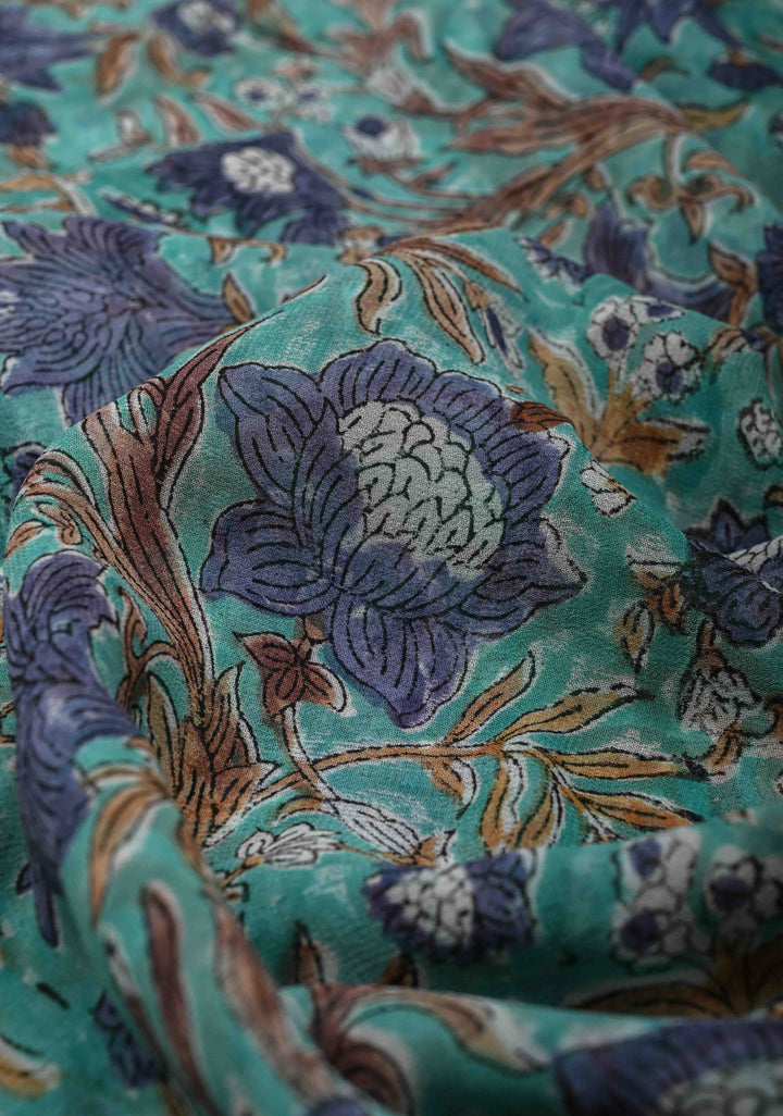 Teal Blue Georgette Saree with Sanganeri Hand Block Print