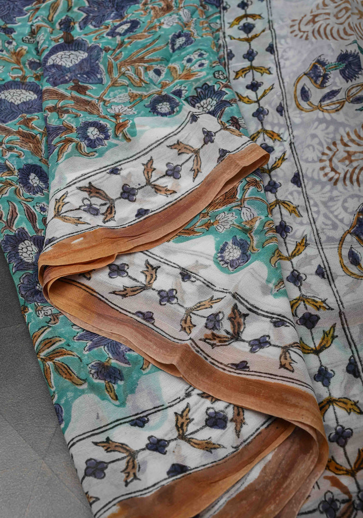 Teal Blue Georgette Saree with Sanganeri Hand Block Print