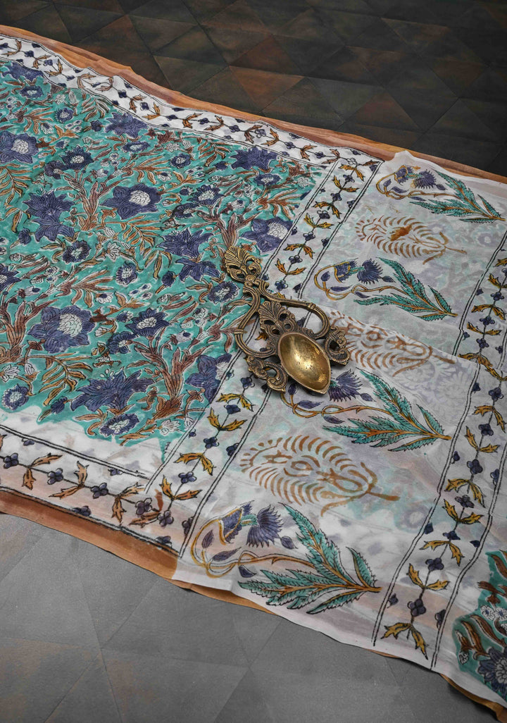 Teal Blue Georgette Saree with Sanganeri Hand Block Print