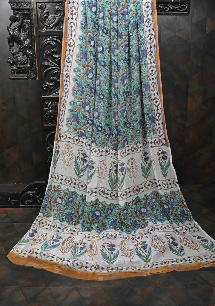 Teal Blue Georgette Saree with Sanganeri Hand Block Print