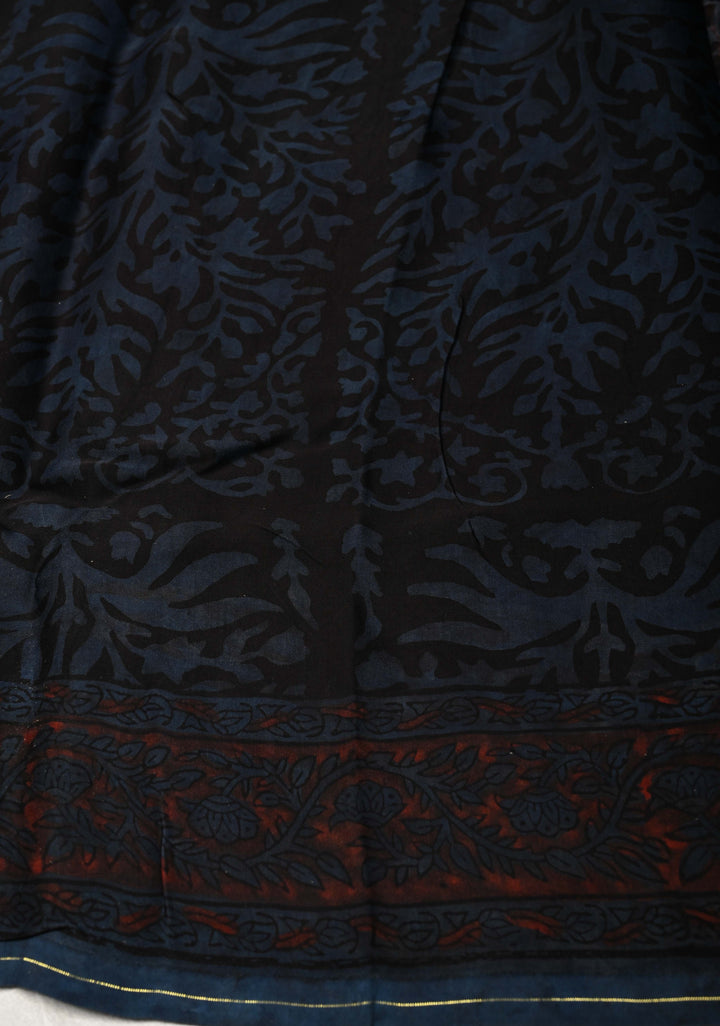 Heather Blue Vanaspati Hand Block Print on Modal Silk Saree