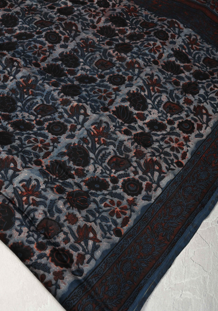 Heather Blue Vanaspati Hand Block Print on Modal Silk Saree
