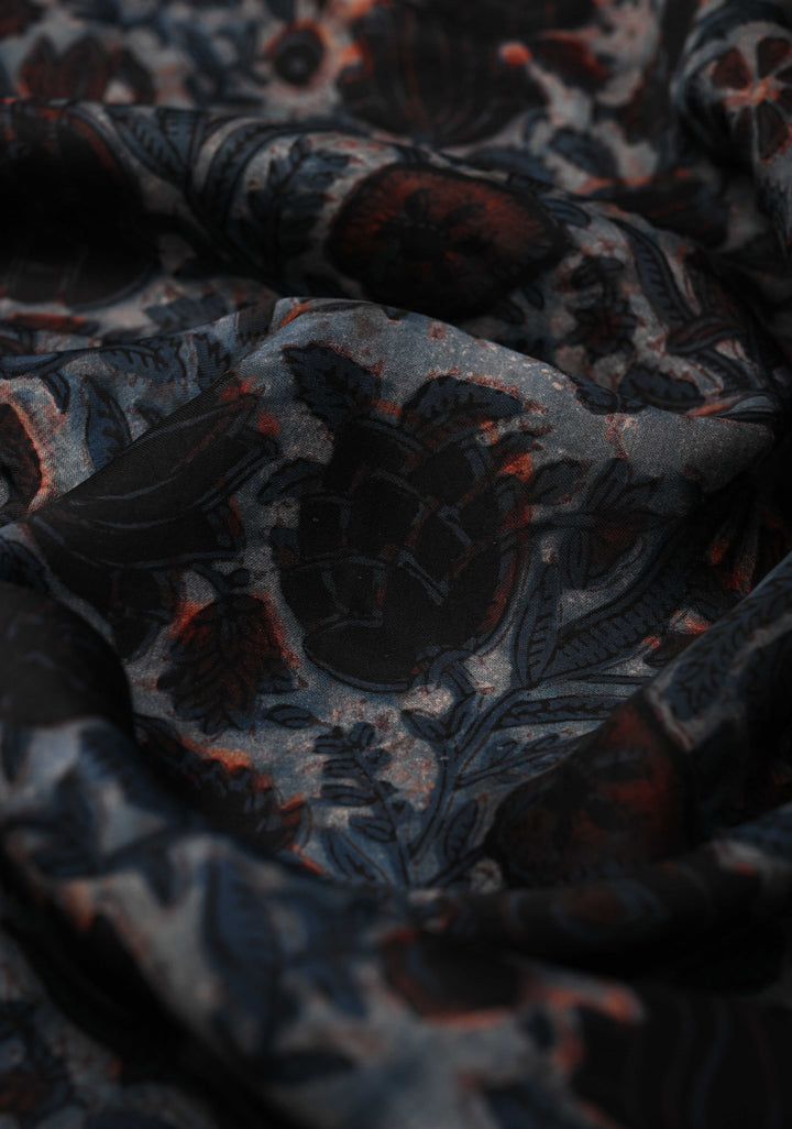 Heather Blue Vanaspati Hand Block Print on Modal Silk Saree