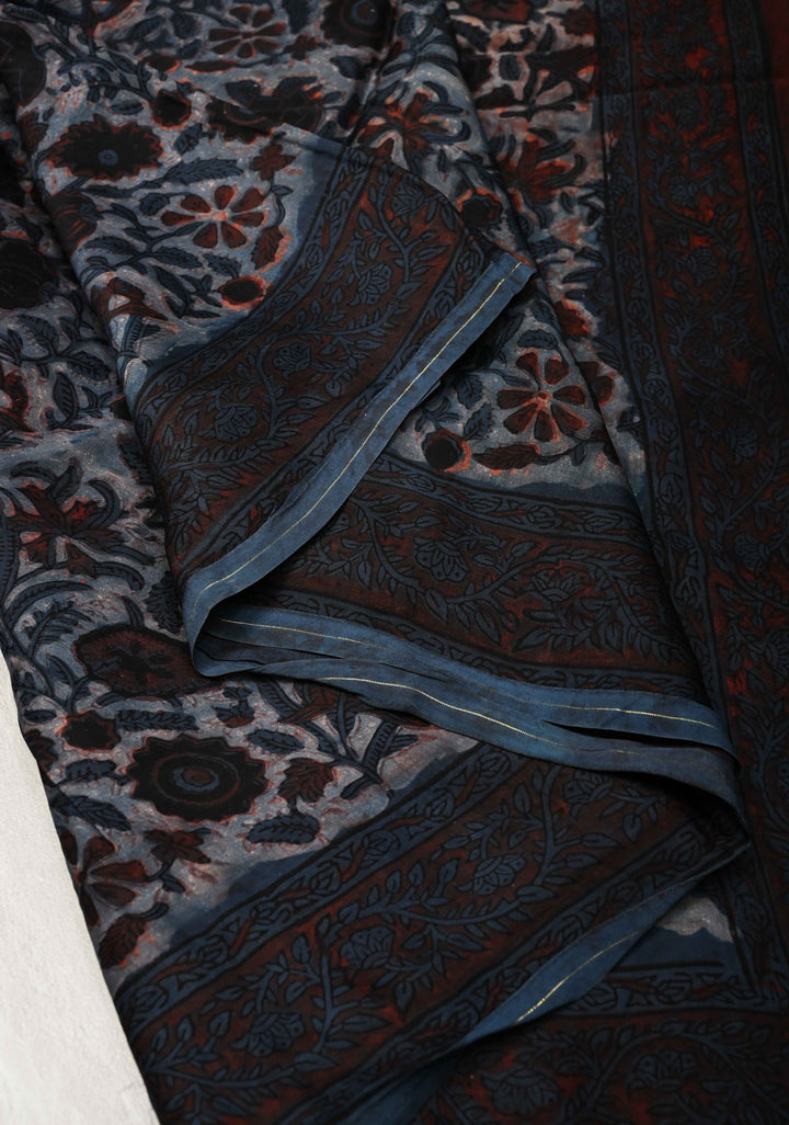 Heather Blue Vanaspati Hand Block Print on Modal Silk Saree