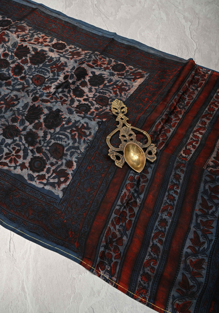 Heather Blue Vanaspati Hand Block Print on Modal Silk Saree