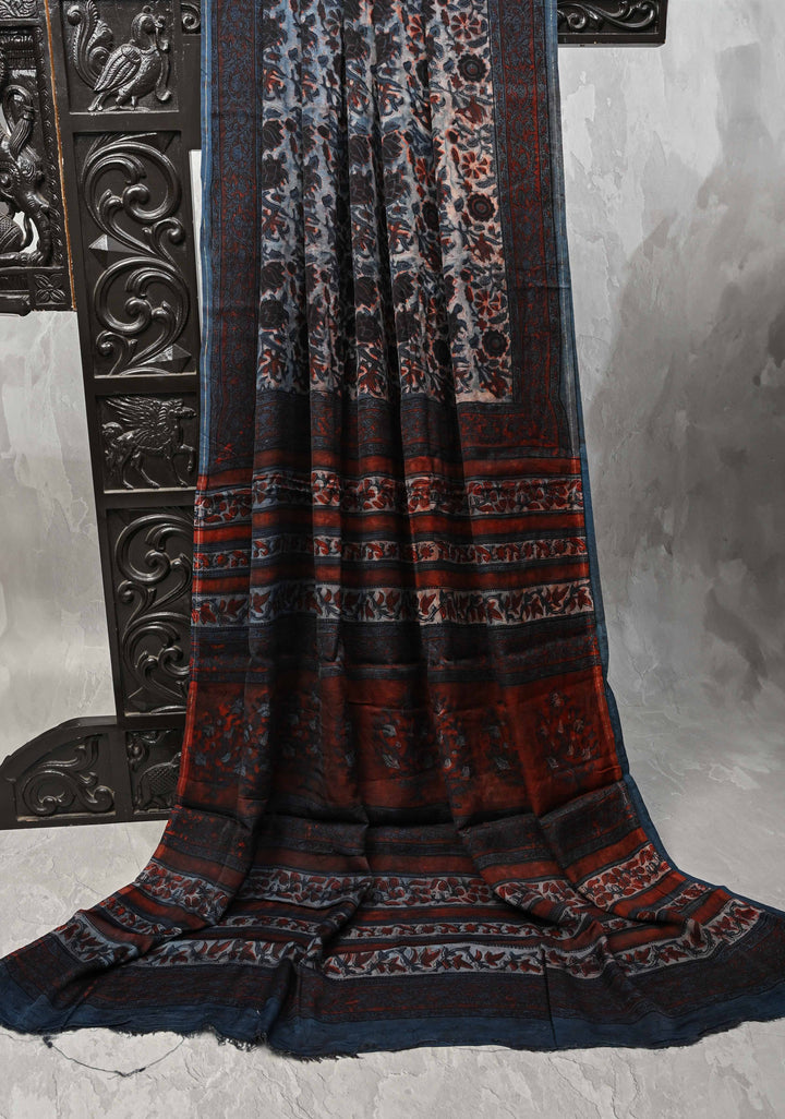 Heather Blue Vanaspati Hand Block Print on Modal Silk Saree