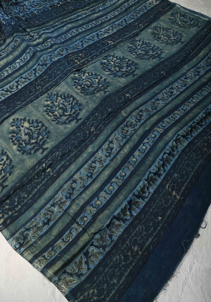 Ocen Blue Vanaspati Hand Block Print on Modal Silk Saree