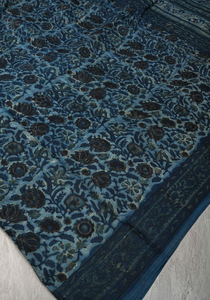 Ocen Blue Vanaspati Hand Block Print on Modal Silk Saree